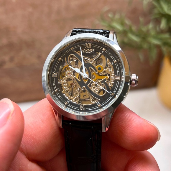 COGU Skeleton Watch Automatic Exhibition Back Mens Black Silver